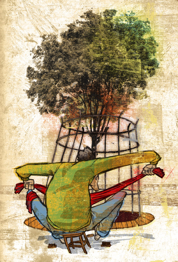 Un lustrabotas sentado en un banco frente a un árbol 