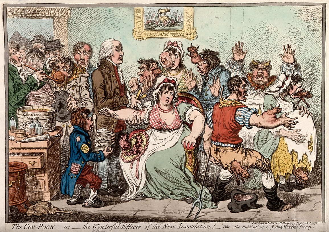 Caricatura de James Gillray sobre los supuestos efectos secundarios producidos por la vacuna contra la viruela (1802).