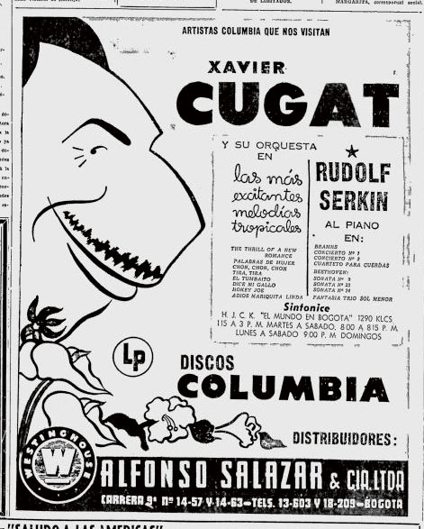 Con una caricatura hecha por el mismo Cugat, se anuncia la aparición de su orquesta en la hjck (7 de marzo de 1951).