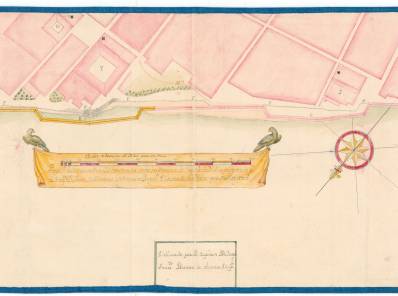 Plano parcial de Cartagena de Indias. En amarillo se indica la parte de la muralla que faltaba por construirse (1730). 